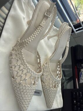 Jonathan Simkhai Cream Woven Pointed-Toe Slingback Heels